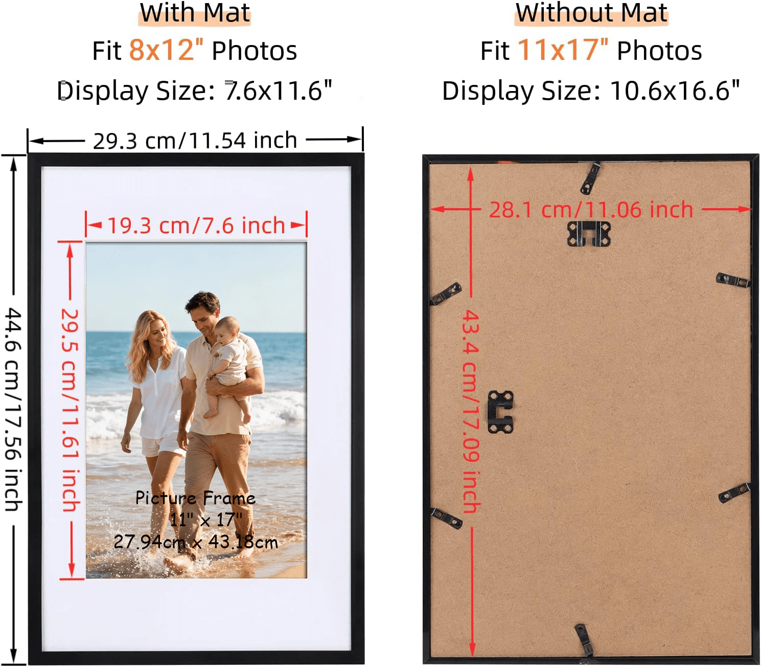 11x17 Picture Frames Set of 4,Display Pictures 8x12 with Mat or 11 x 17 Without Mat,Gallery Wall Photo Frames, Black