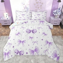 Homewish Kawaii Purple Ribbon Full Size Comforter Sets for Kids, Princess Bow-tie Bow Bedding Comforter Set, Cute Watercolor Bowknot Reversible Bedding Sets, Luxury Bedroom Decor, 3-Piece