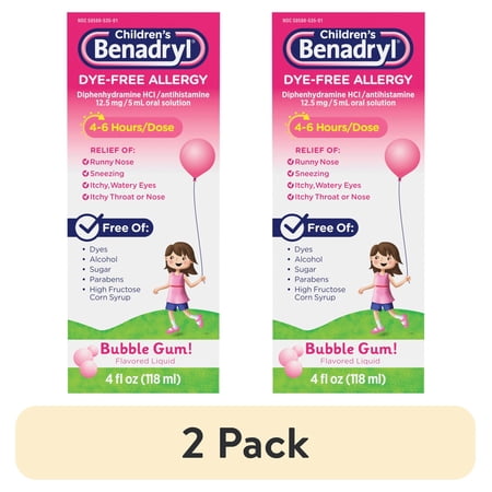 (2 pack) Children's Benadryl Dye-Free Allergy Liquid, Bubble Gum, 4 fl. oz