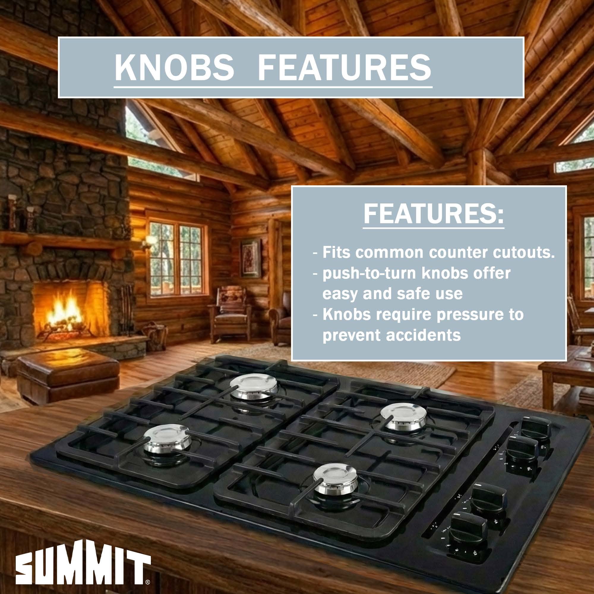 Summit 24" Gas Cooktop, 4 Burners, Electric Ignition, 115V-3 Gas Cooktop, Black - TNL033I