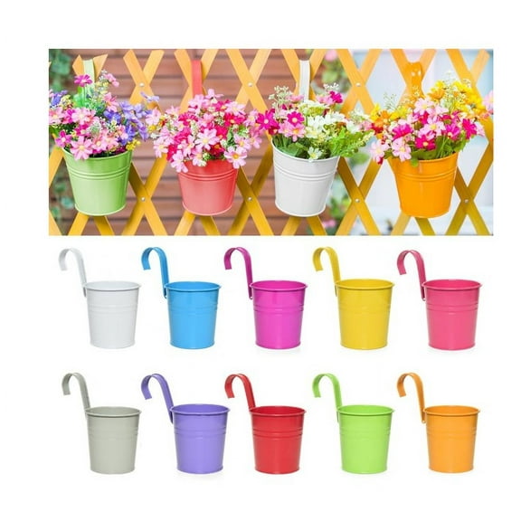 10 Pcs 10cm Metal Hanging Plant Pots with Detachable Hook, Colored Fence Flower Pots Garden Hanging Planter Bucket Flower holder for Balcony Fence Railing Garden Home Décor,Random Color