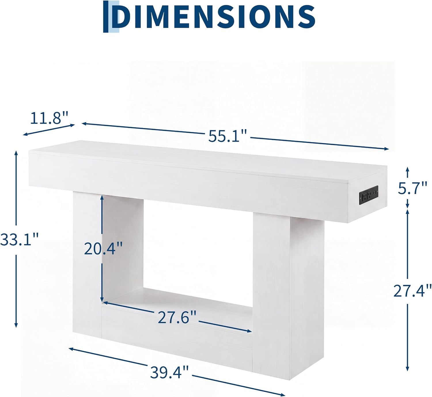 55” Entryway Table with Charging Station & LED Light, Narrow Sofa Table for Hallway Living Room, Modern Farmhouse Console Table with Storage Shelf, White