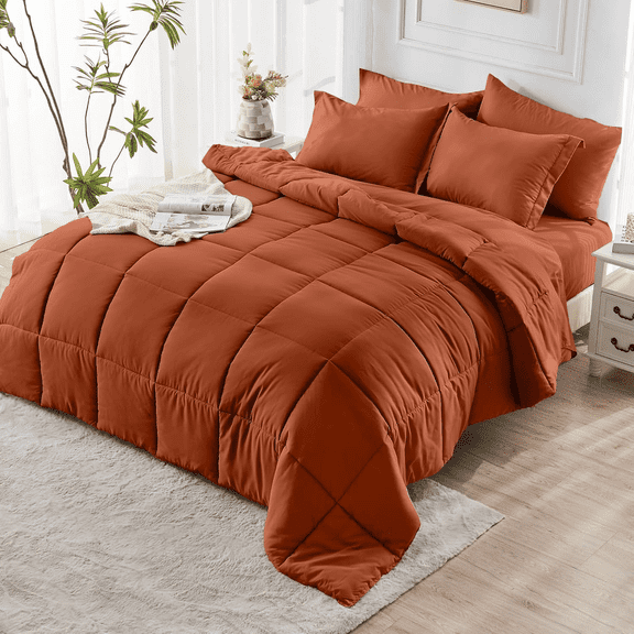 TENGDA Burnt Orange Microfiber Comforter Bedding Set Available in Twin Queen King Sizes 2 Piece and 3 Piece Bedroom Bed Comforter with Pillowcases