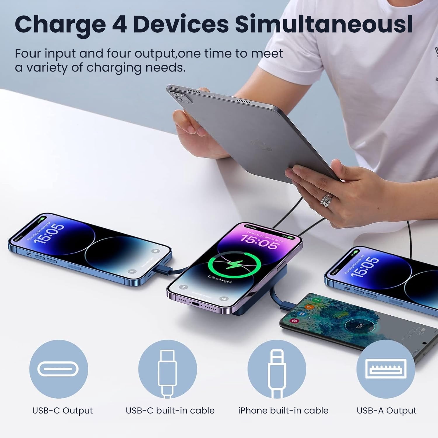 GASYESOY Portable Charger,10000mAh 20W Power Bank,Built-in Cables Fast Charging,with LED Display for iPhone 16/15/14/13/12 and Android,Blue