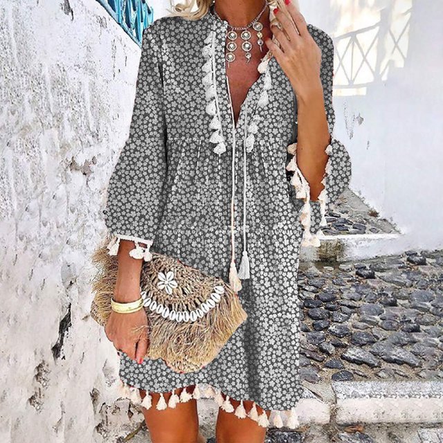LOVZFMLL Fashion Women V-Neck Summer Print 3/4 Sleeve Lace Patchwork Mini Dress Gray S