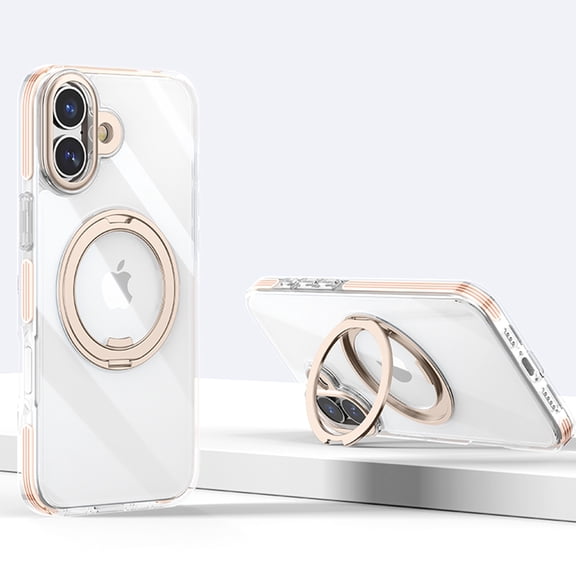 for iPhone 16 Plus Clear Case with Rotatable Ring Stand Compatible with Mag-Safe Crystal Clear Shockproof Protective Phone Cover Non-Yellowing Transparent Case for iPhone 16 Plus, Gold