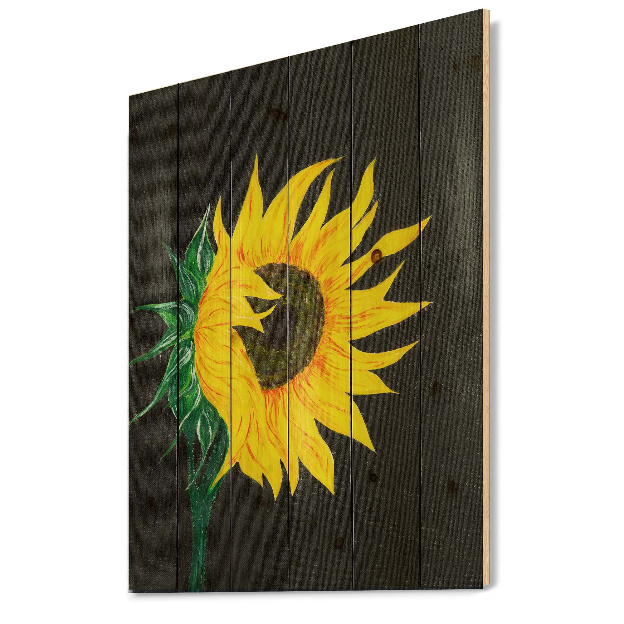 Designart 'Yellow Sunflower On Black' Traditional Print on Natural Pine Wood