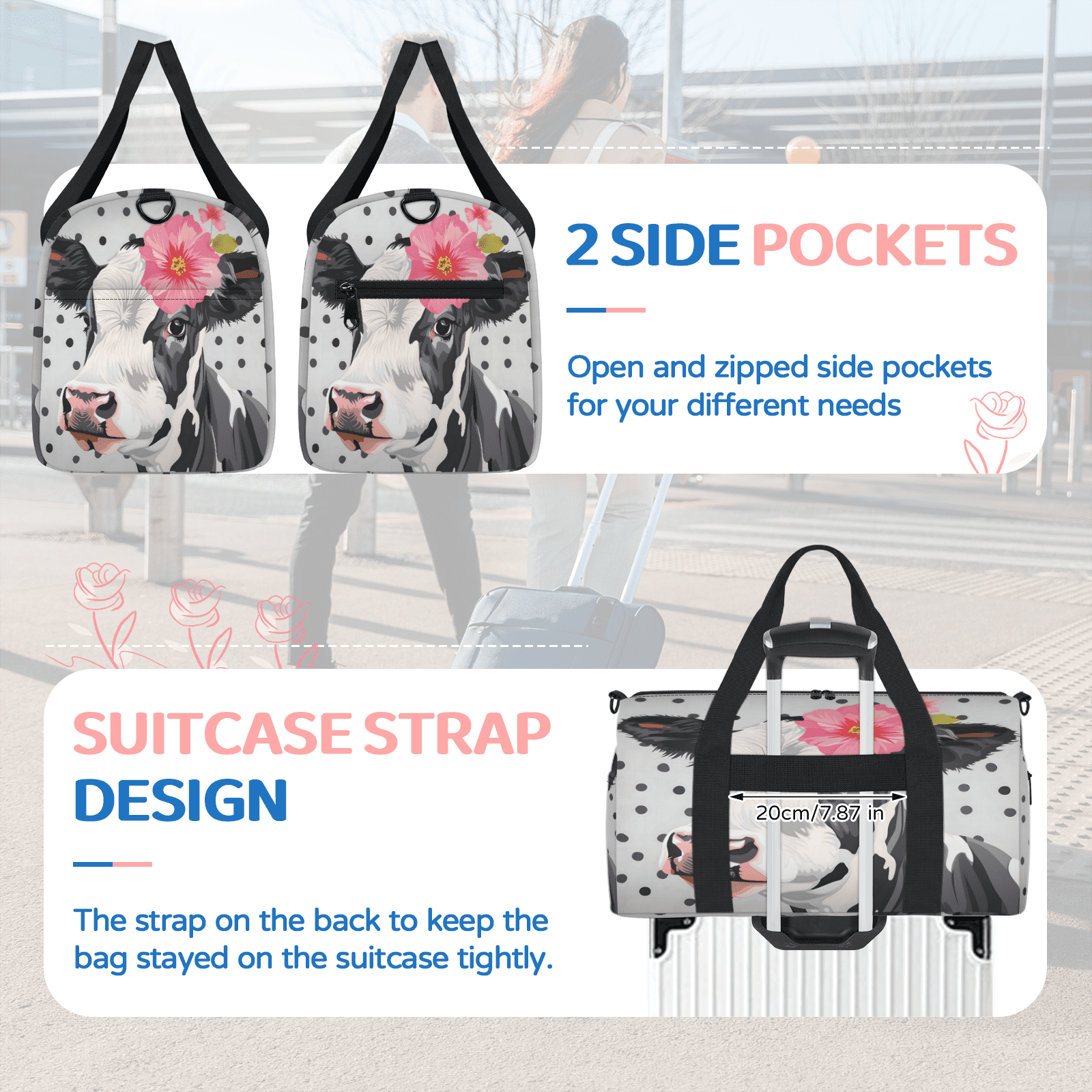 Herdesigns Cute Floral Cow Gym Bag for Women, Duffle Bag for Travel Sport, Lightweight Waterproof Carry on Weekender Overnight Dance Yoga Workout Bags