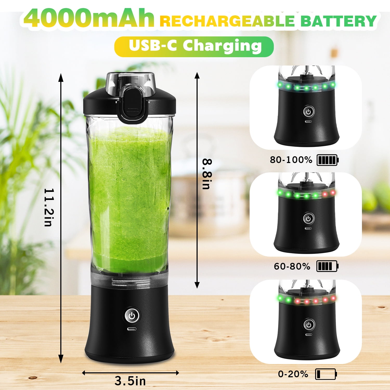 Portable Blender Personal Juicer for Shakes and Smoothies - 20 OZ Electric Protein Shaker Bottle with Insulated Sleeve, Travel Lid, USB-C Rechargeable - Mini Small Blender Cup for Kitchen,Office,Gym