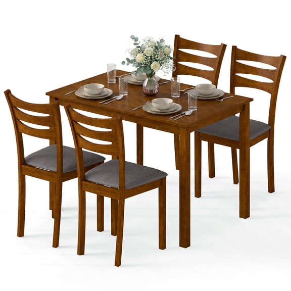 Gymax 5PCS Dining Table Set for 4 w/Linen Fabric Upholstered Chairs Rubber Wood Frame