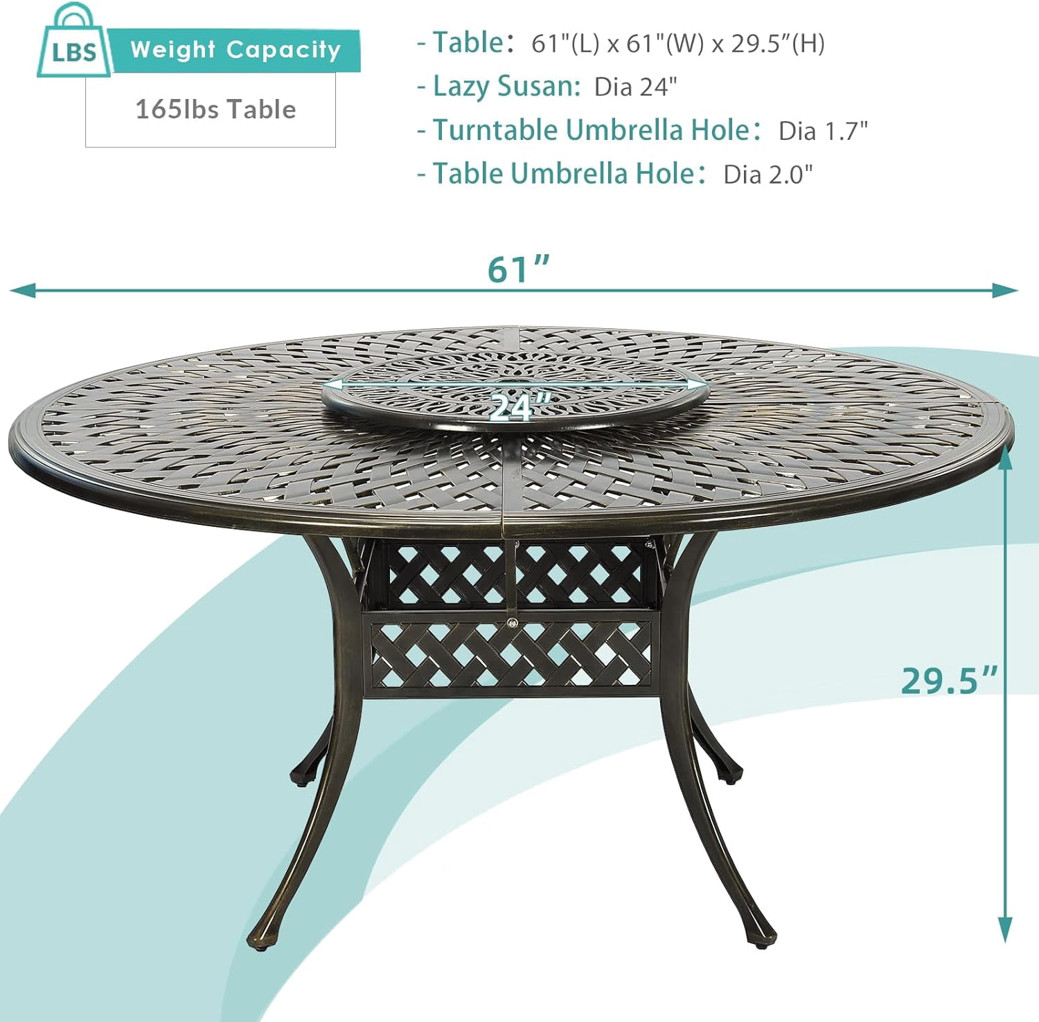 MEETWARM Outdoor 61" Round Patio Dining Table with Detachable Lazy Susan, All Weather Cast Aluminum Large Patio Furniture Table Set for 8 Seat with 24" Rotating Tray, Umbrella Hole, Dark Bronze
