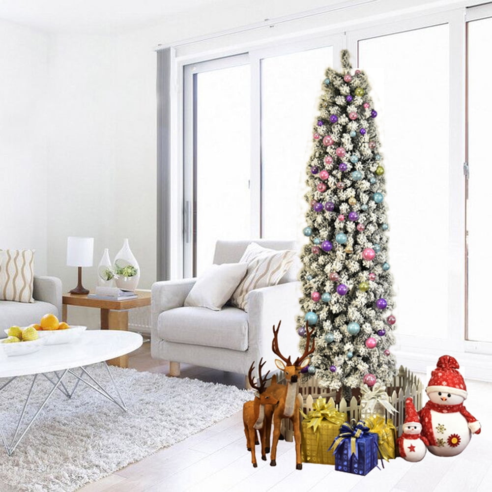 Kepooman 7.5FT Pine Hinged Artificial Slim Christmas Tree w/ Foldable Base, Pointed PVC Pen Holder Tree, White Snow Flocked Pencil Tree for Home Office Party Decor Kepooman 7.5FT Pine Hinged Artificial Slim Christmas Tree w/ Foldable Base, Pointed PVC Pen Holder Tree, White Snow Flocked Pencil Tree for Home Office Party Decor