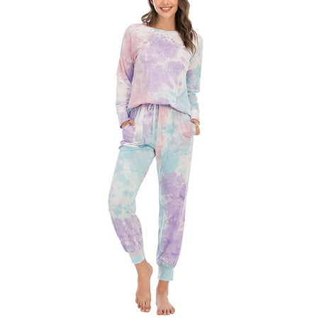

Women Gradient Tie-Dye Pajamas Long Sleeve Top Drawstring Jogger Pants Sleepwear
