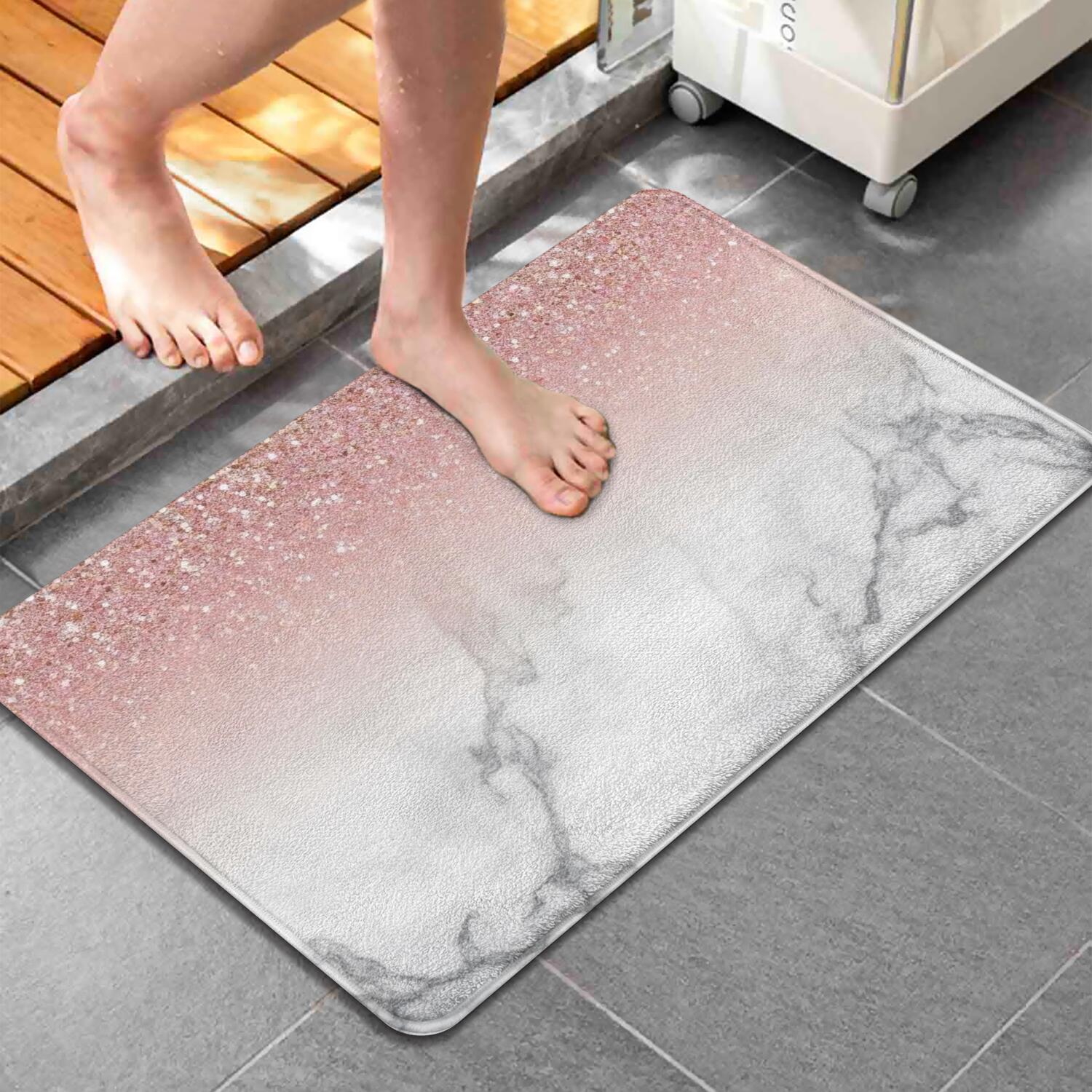 Pink Glitter White Marble Pattern Bathroom Rugs Mat,Non Slip Microfiber Bathroom Rug,Rubber Backing,Soft Bathroom Mats for Bathroom Floor,Tub and Shower,20x32in(50x80cm)