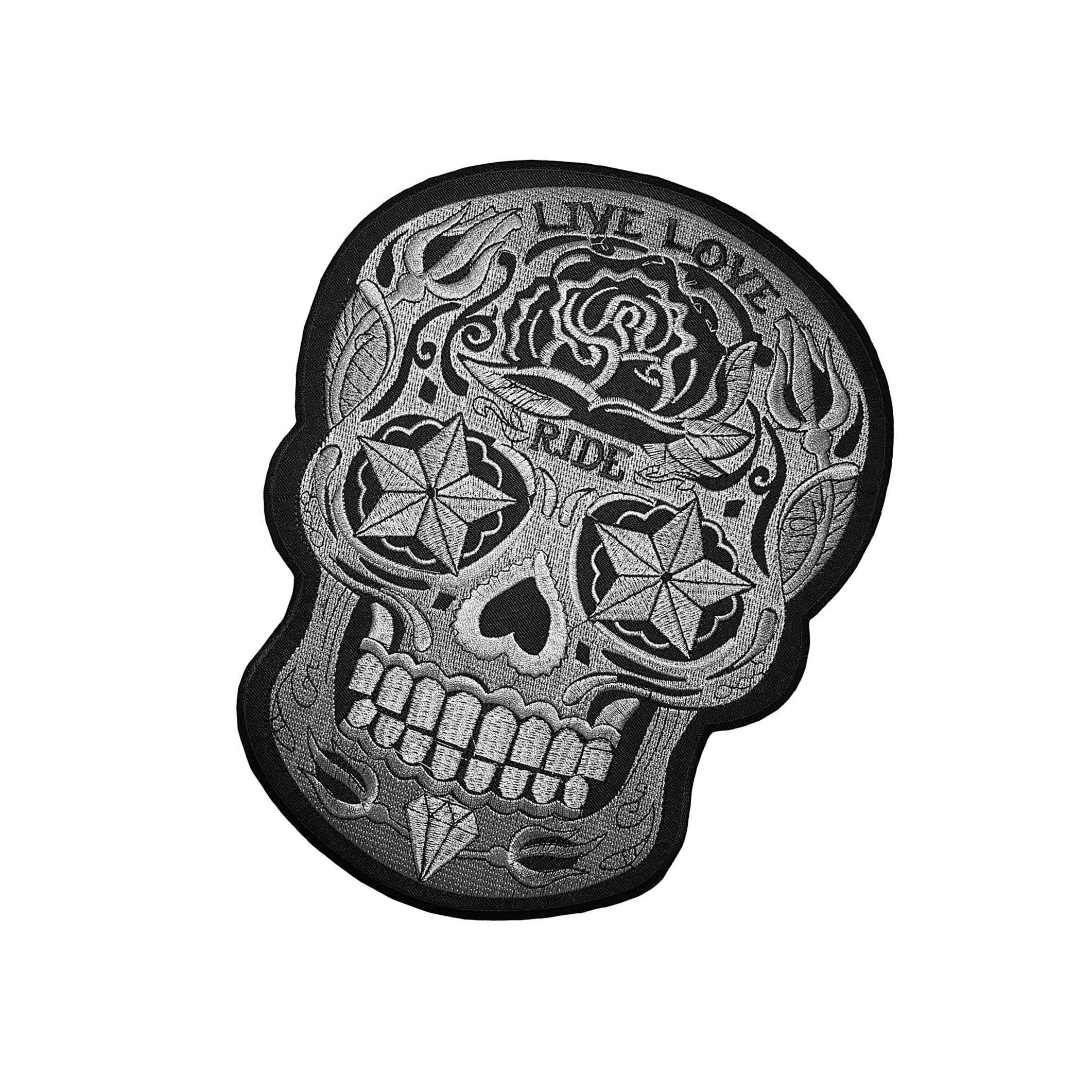 IRON-LIVE-LOVE-RIDE-SKULL-LARGE Papapatch Live Love Ride Sugar Candy Skull Head Star Eyes Biker Motorcycle Chopper Jacket Vest Embroidered Sew on Iron on Patch Large Size