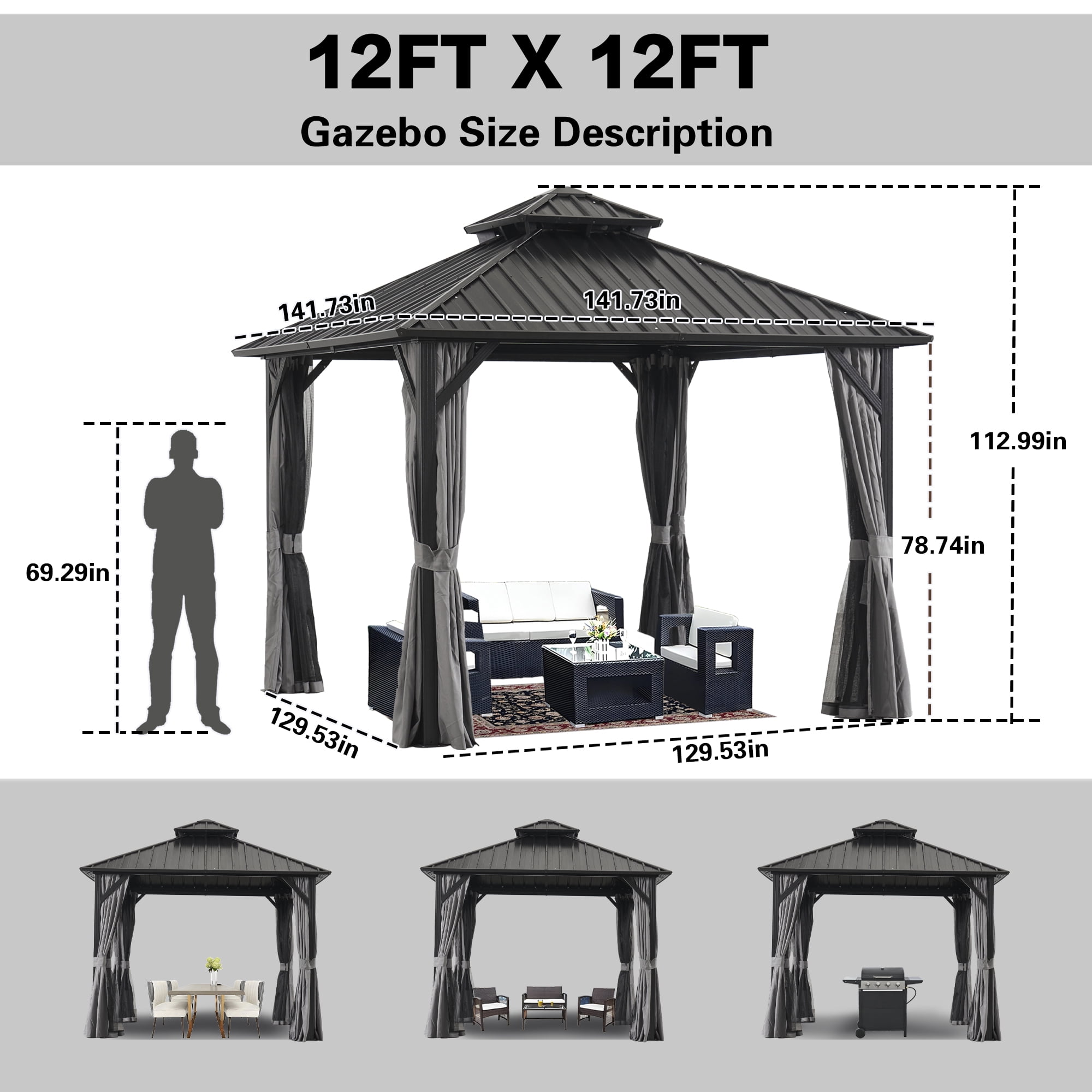 MEWANG 12'x 12'Outdoor Hardtop Gazebo, Metal Double Roof Canopy Gazebo with Curtains and Nettings for Patio,Party.