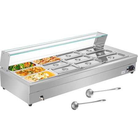 VEVORbrand 12-Pan Bain Marie Food Warmer 6-inch Deep  1800W Electric Countertop Food Warmer 84 Qt with Tempered Glass Shield  110V Food Grade Stainelss Steel Commercial Table with 12 Lids & 2 Ladles