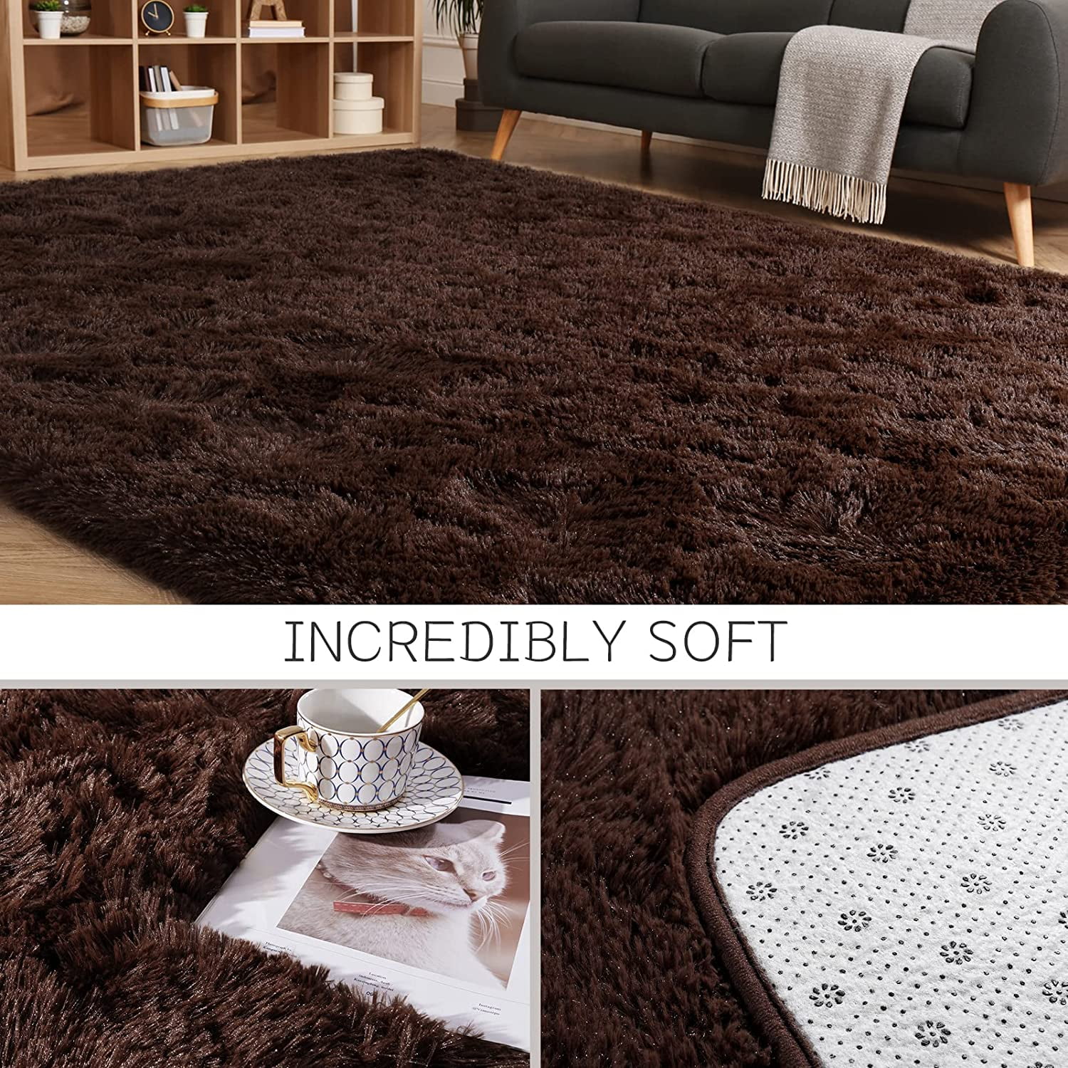 Softlife Fluffy Soft Rug Contemporary Chocolate Brown Soild Area Rug, 5.3' x 7.5'