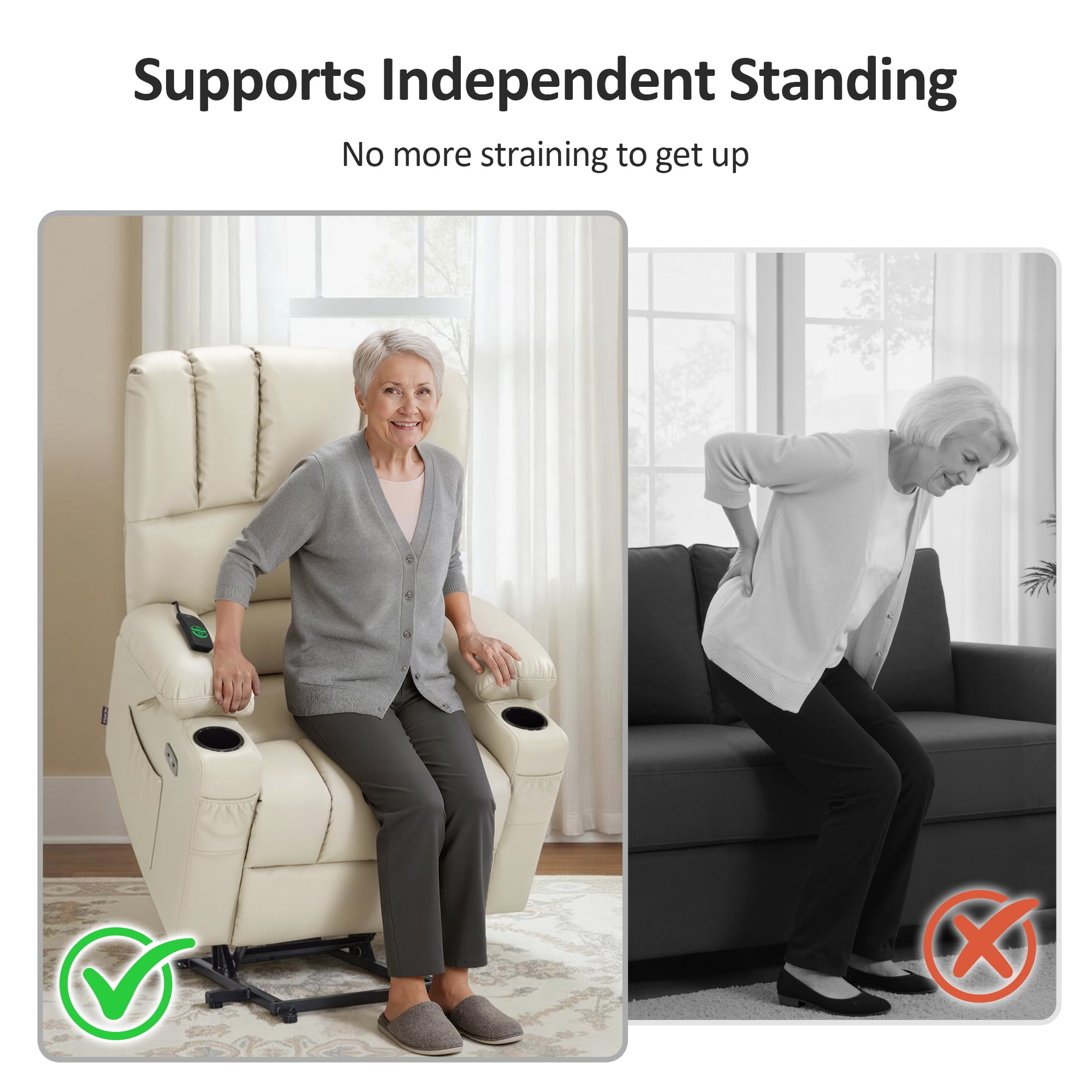MCombo Power Lift Recliner Chair with Massage Heat, Extended Footrest, Faux Leather(Medium-Regular, Cream White)