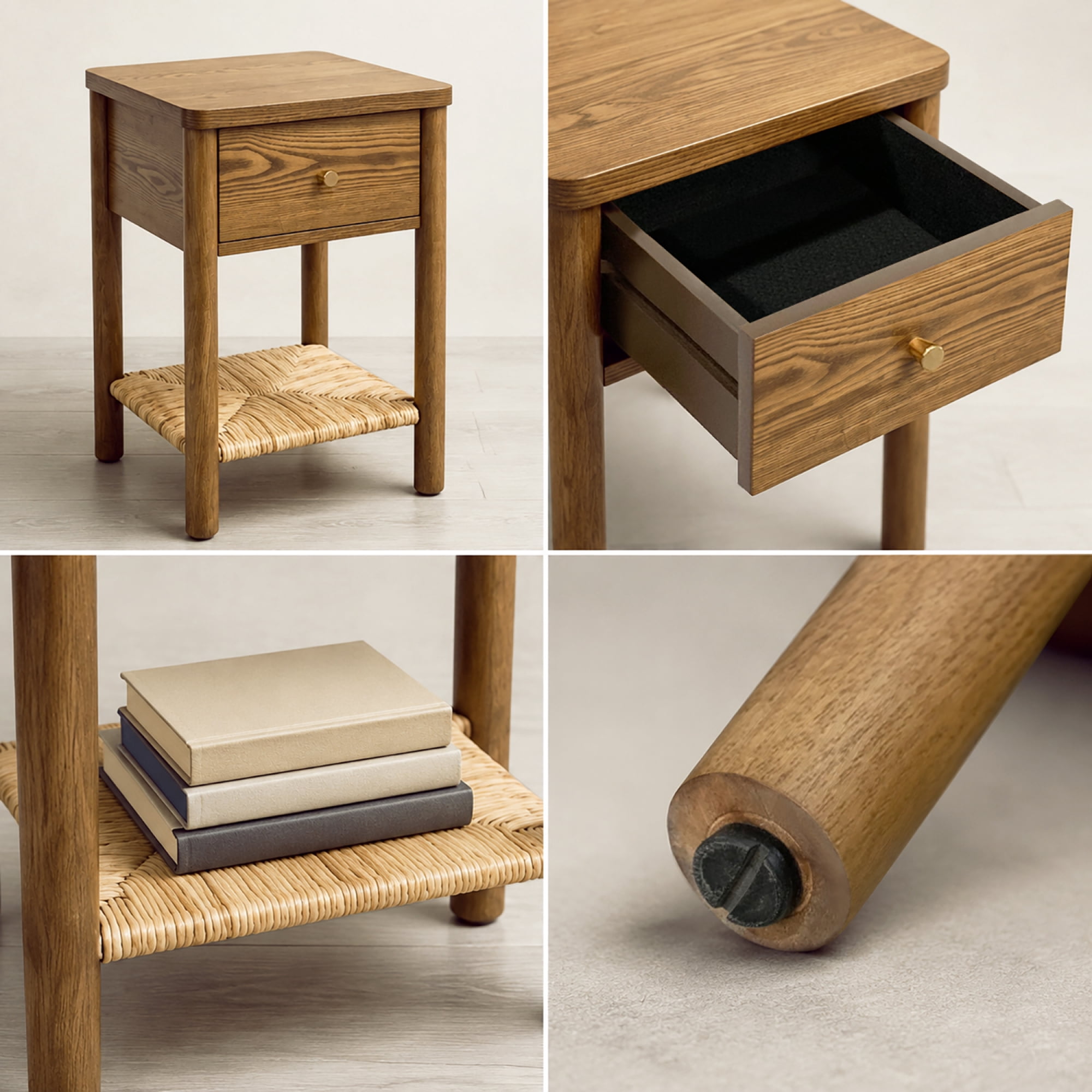 Leumius End Table with Rounded Edge Tabletop, Solid Wood Round Legs, Woven Jute Storage Shelf & Drawer, Nightstand for Bedroom Living Room Walnut