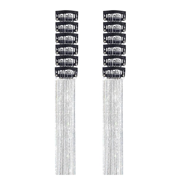 12 extensiones de cabello brillantes con purpurina para niñas y mujeres, accesorios brillantes. plata