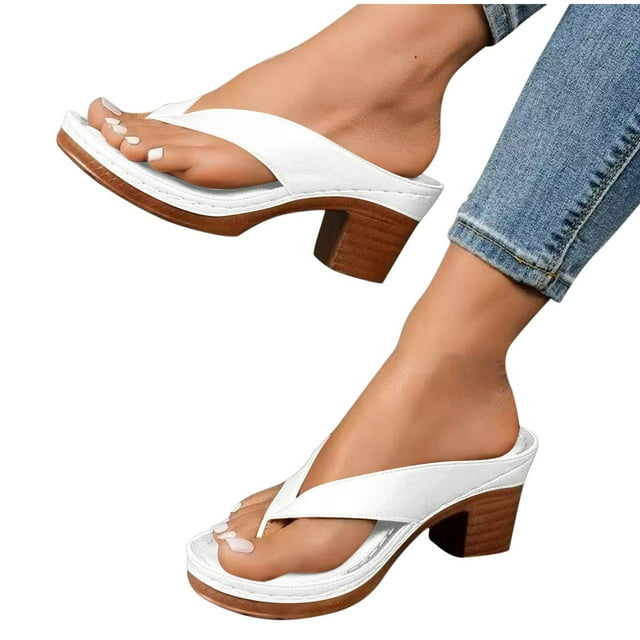 Heel Sandals for Women Flip Flops Slide Block Chunky Heel Soft Sole Beach Summer Backless Pumps White