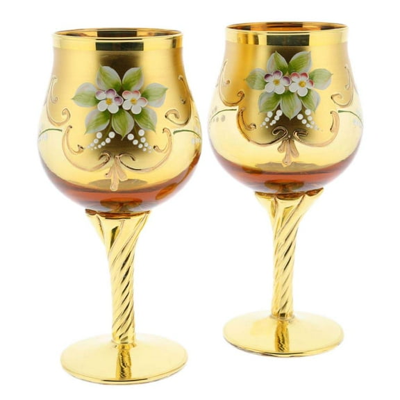 GlassOfVenice Set Of Two Murano Glass Wine Glasses 24K Gold Leaf - Golden Brown