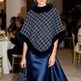 thumbnail image 3 of Puyaiuu Women Tweed Faux Fur Trim Cape Poncho Winter Warm Outerwear Shawl Navy Free Size Gift, 3 of 7