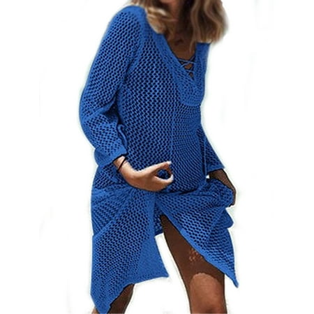 - Bohemian Beach Dress Top Swimsuit Cover up Long Sleeve V Neck Loose Summer Bikini Swim Bathing Suit Hollow Out Beachwear