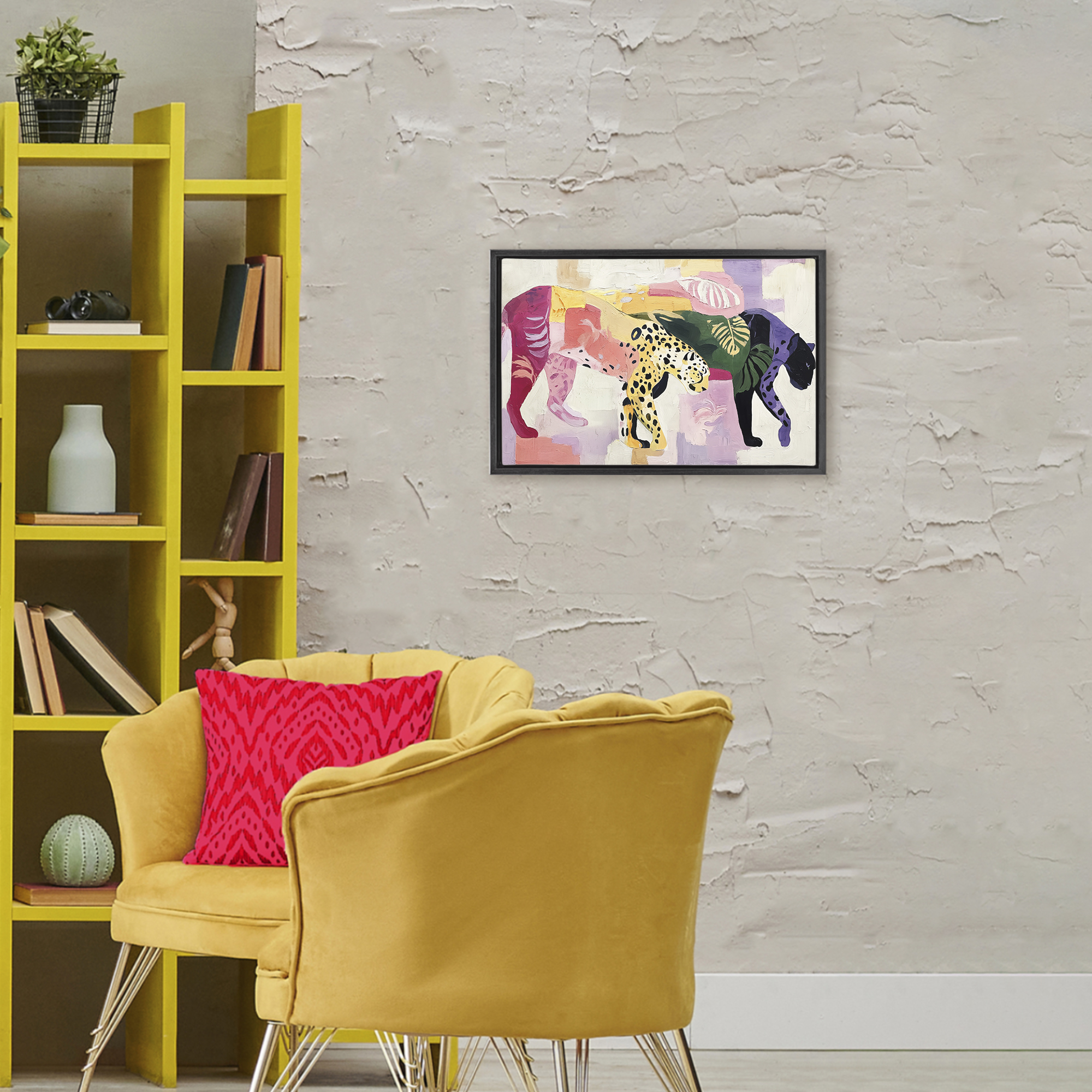 Candy Cats Tropical Wildlife Black Framed Floater Canvas Wall Art, design by Annabelle Hall