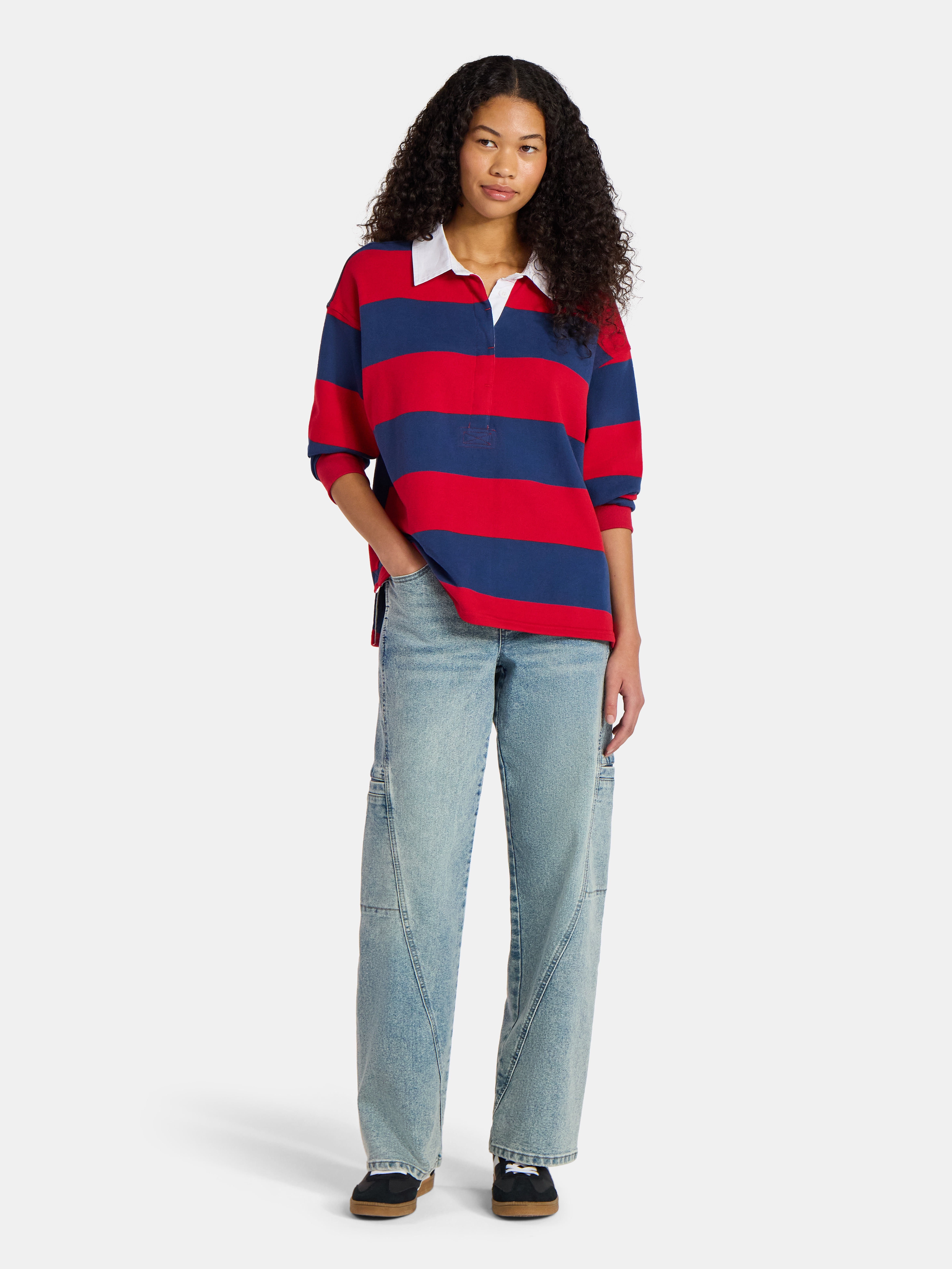 No Boundaries French Terry Rugby Polo Top with Long Sleeves, Women's