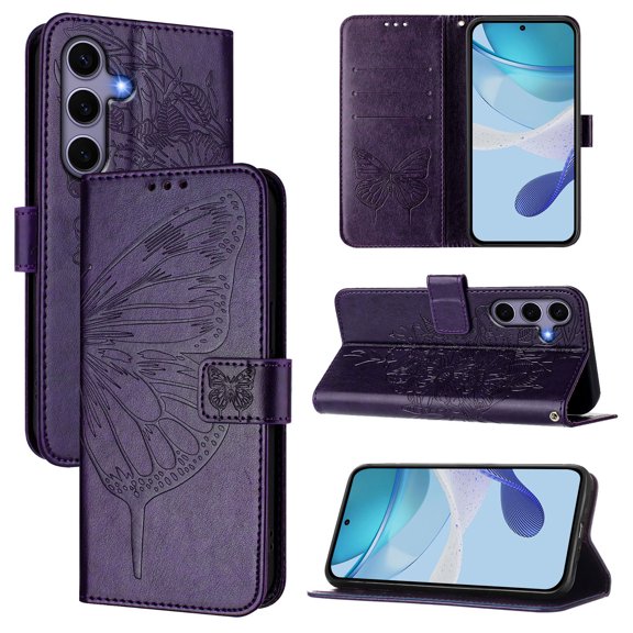 Dteck Wallet Case for Samsung Galaxy S23 /S23 Plus, Magnetic PU Leather Butterfly Embossed Wrist Strap Card Slots Pocket Kickstand Flip Cover,Purple