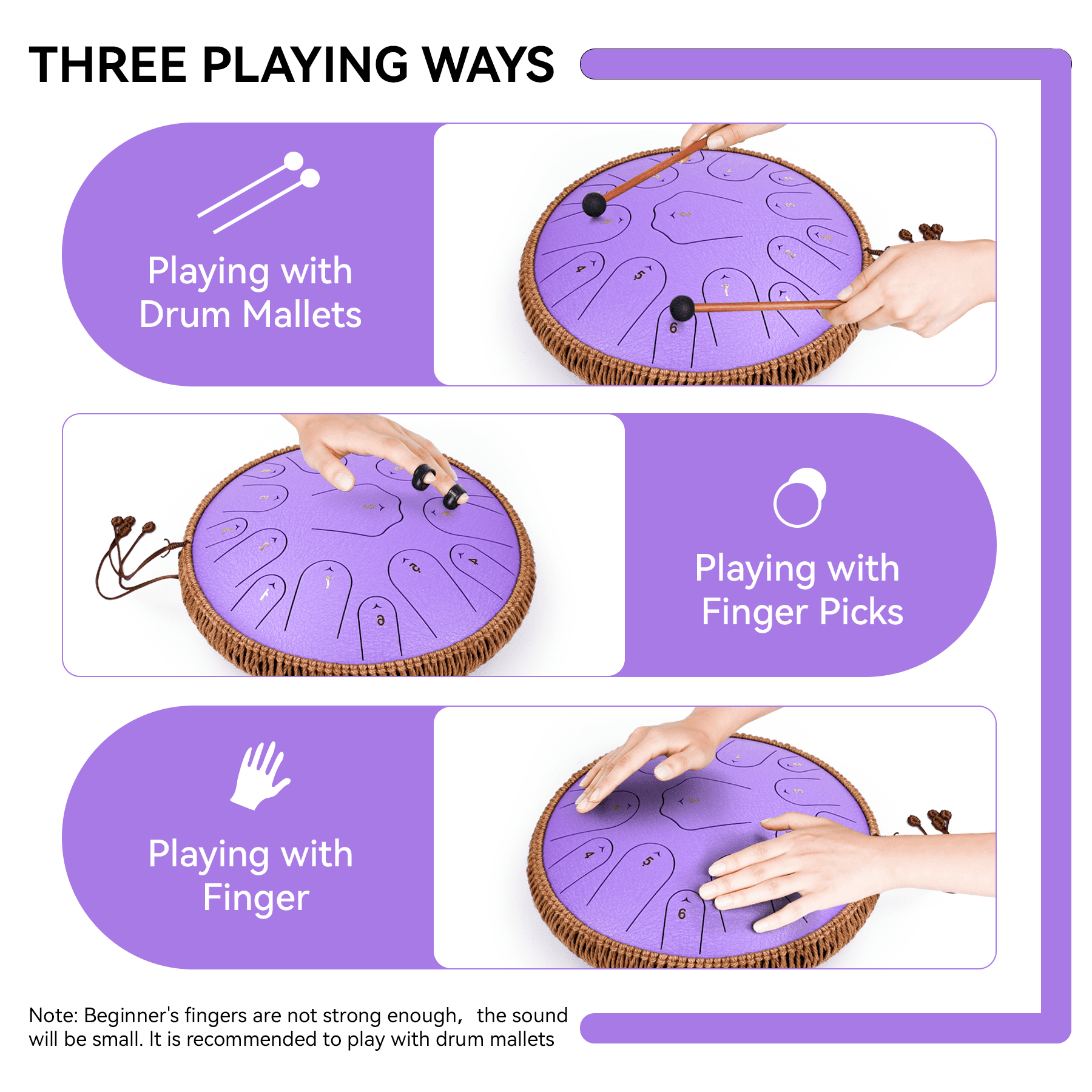 Steel Tongue Drum-14 Inch 15 Notes Tongue Drums, Steel Drum Instrument for Adults, Handpan Drums with Music Book, Handpan Drum Mallet, and Carry Bag, C Major (Purple)