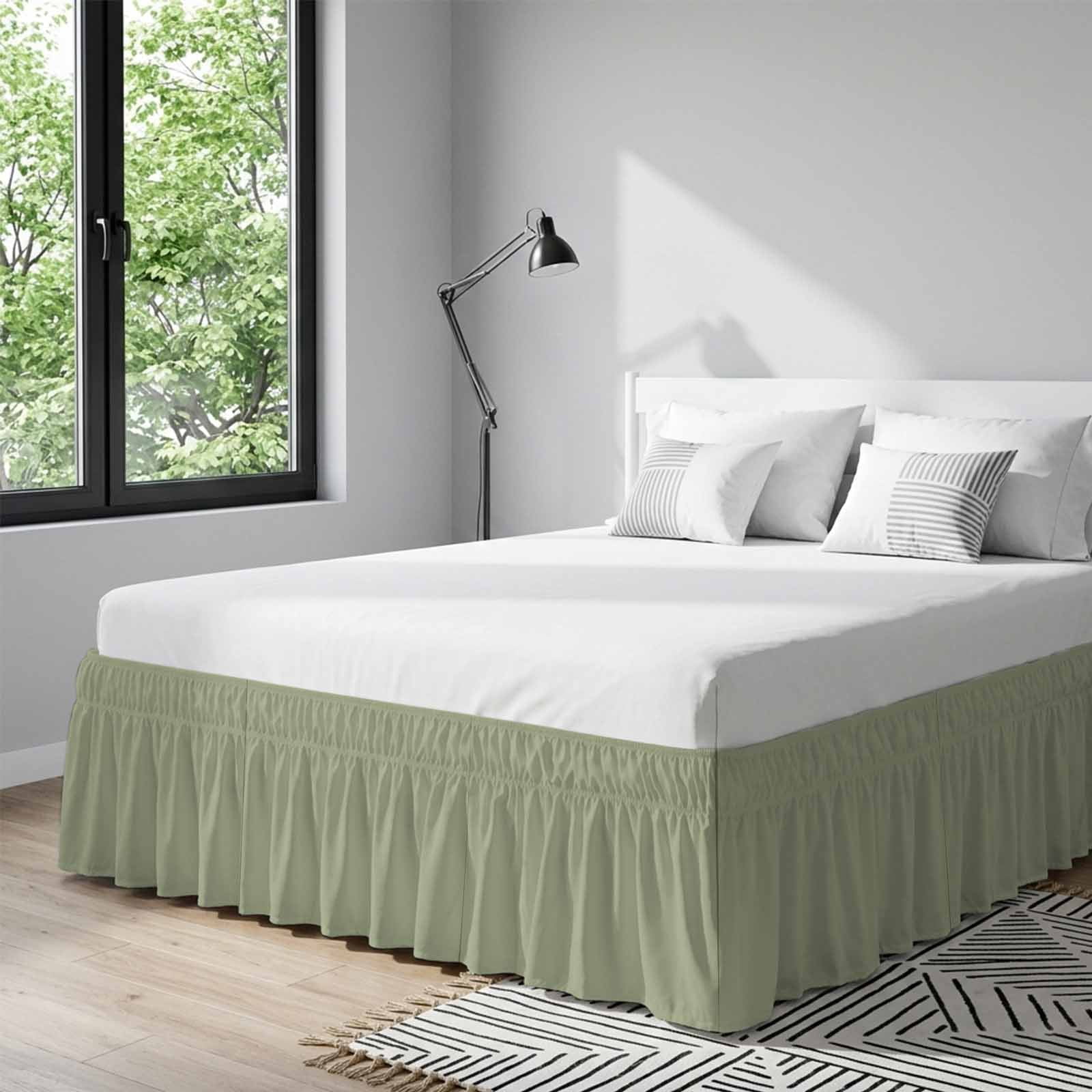 Bed Skirt Sage Green Adjustable Elastic Wrap-Around Dust Ruffle with Solid Color 16 Inch Drop, Bed Frame Cover for Queen Size Bed