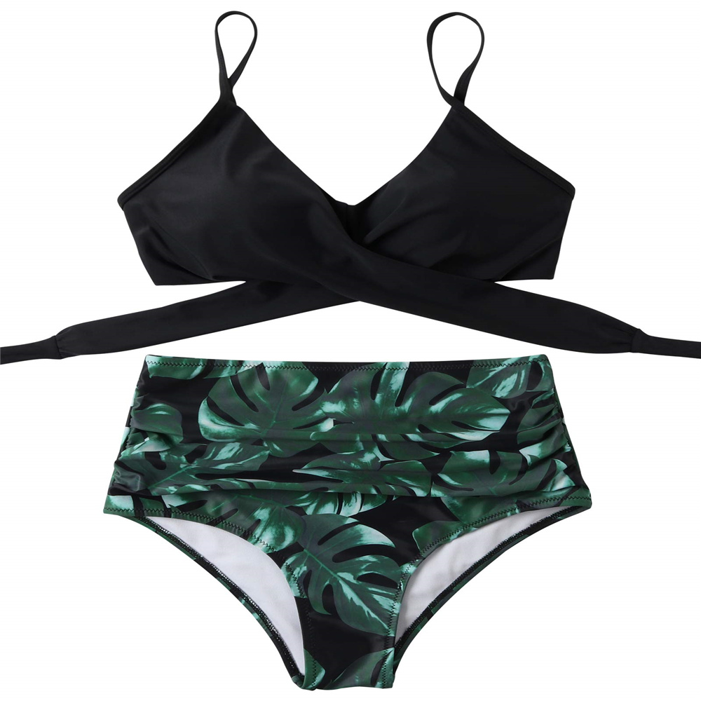 Women's Sexy Bikini Swimsuits, Women's High Waisted Bandage Bikini Set Wrap 2 Piece Push Up Swimsuits, Front Corss and Back Tie Knot (Black,Green Leaf,X-Large) - image 5 of 11