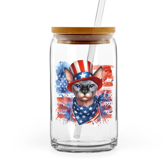 Patriotic Sphynx Celebrates 4th of July 16oz Glass Cup Mug Cat Lover Kitten Owner Gifts Idea Glass Can with Bamboo Lid and Straw - 02009