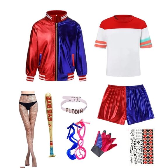 9 Pcs/set Women Halloween Costume,Halloween Fancy Dress Outfits Set with Coat Gloves T-Shirt Necklace Wig Inflatable Baseball
