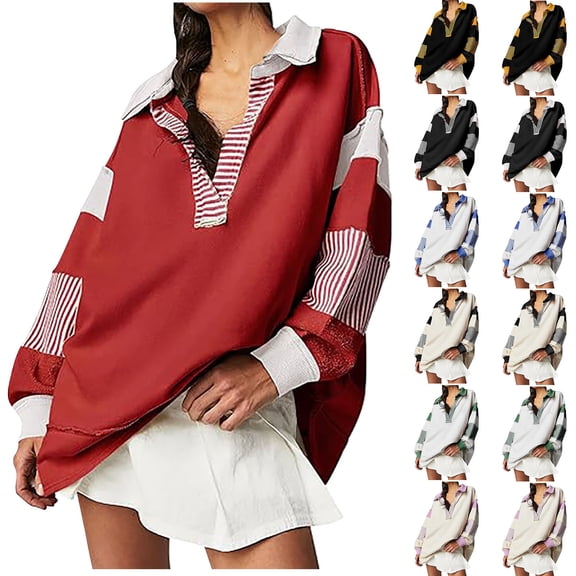Split Hem Sweatshirts Women ,Womens Collared Patchwork Sweatshirt,Womens Sweatshirt with Lapel Collar V Neck Long Sleeve Split Hem Shirts Pullover Color Block Long Sleeve Oversized Sweatshirts