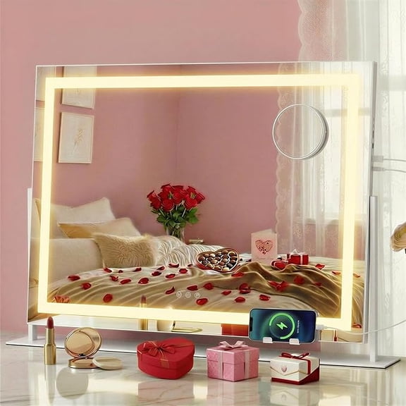 Vanity Makeup Mirror with Lights, Touch Control, Angle-Adjustable, with Charging Ports, Detachable 10X Magnifying Mirror, 3 Color Temperatures, Dimmable, Phone Holder, Matte White ULWM002W01