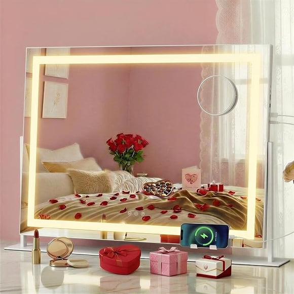 Vanity Makeup Mirror with Lights, Touch Control, Angle-Adjustable, with Charging Ports, Detachable 10X Magnifying Mirror, 3 Color Temperatures, Dimmable, Phone Holder, Matte White ULWM002W01
