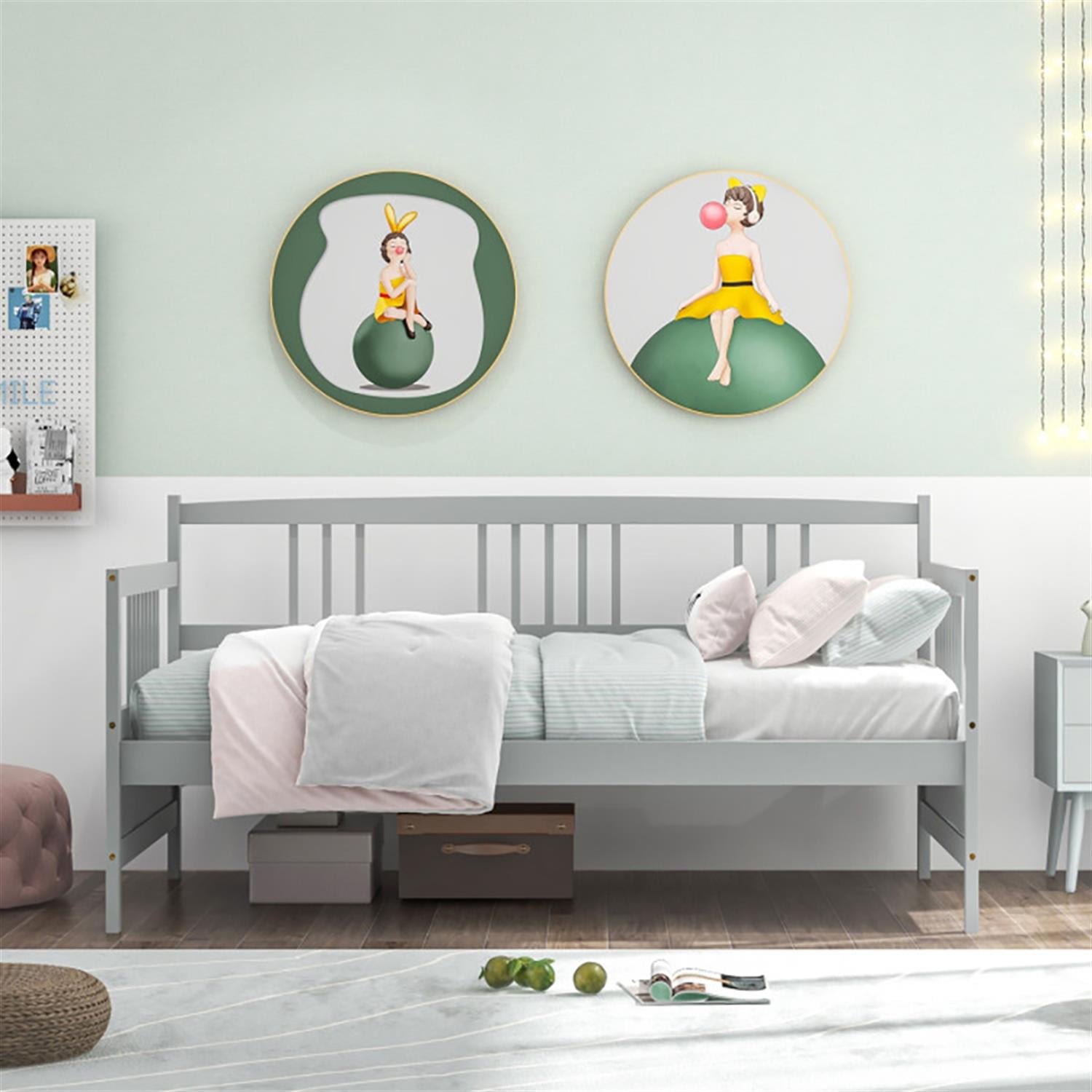 Demi Bonn Twin Size Wooden Slats Daybed Bed with Rails, Modern Bed Frame for Teens, Gray