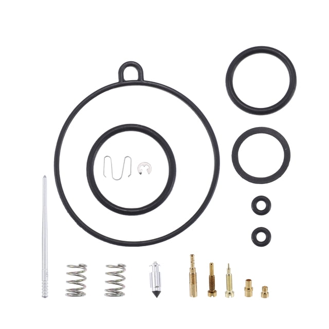 Carburetor Repair Rebuild Repair Parts Kit Replacement for Honda ATC70 1978-1985. Includes black rubber gaskets, gold-tone metal threads, springs, and small components arranged neatly. Designed for durability and corrosion resistance, ideal for specialty automotive carburetor repair and maintenance.