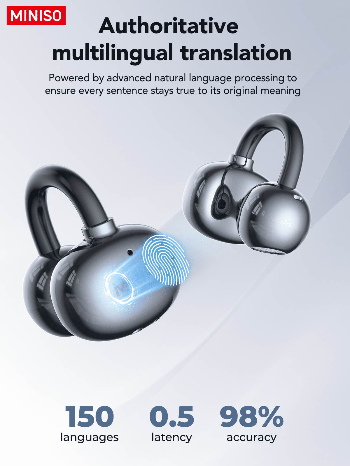 Clip-on Earbuds, Miniso MS199 AI Real-Time Translation Wireless, Open Ear Bluetooth 5.4, 130+ Languages, IPX5 Waterproof for Travel/Gym,With LED Touch Screen,Type-C Fast Charge, Gunmetal