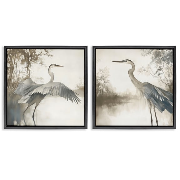 Stupell Industries Heron Feathers Over Water 2 Piece Black Framed Floater Canvas Set design by Mona Grace, 18 x 18