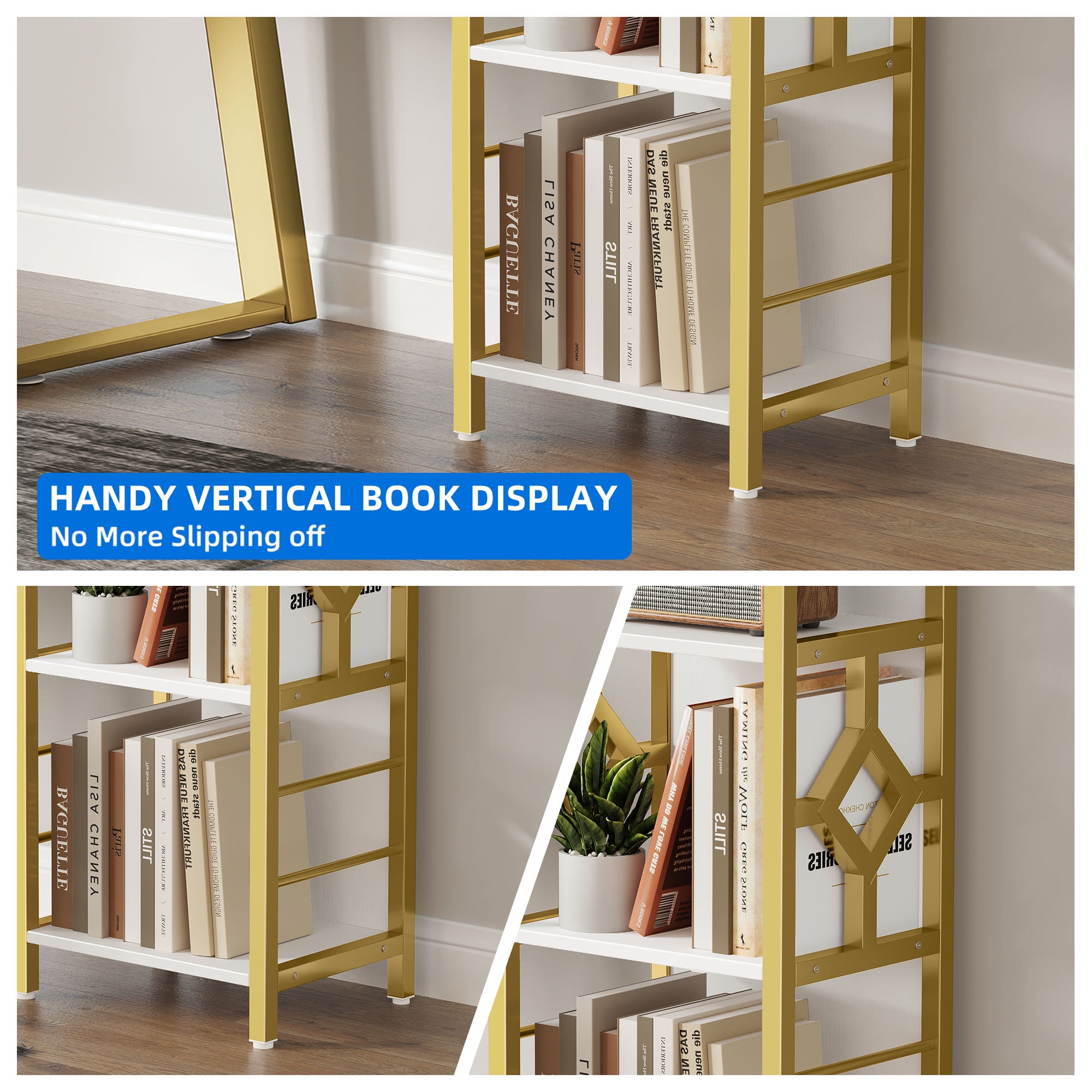 Dextrus 5-Tier White & Gold Bookshelf, Tall Narrow Bookcase with Metal Frame, Open Storage Display Rack Etagere Shelves for Living Room, Home Office
