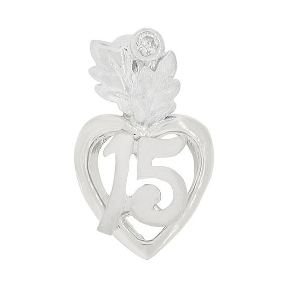 14k Gold White Rhodium, 15 Anos Heart Quinceanera Pendant Charm Created CZ 10mm NO Necklace