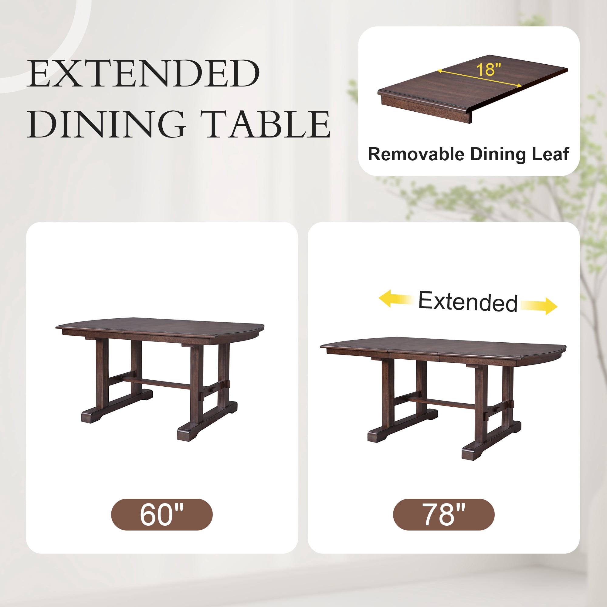 Euroco Dining Table, Extendable with Wood Frame, 78 inch Brown