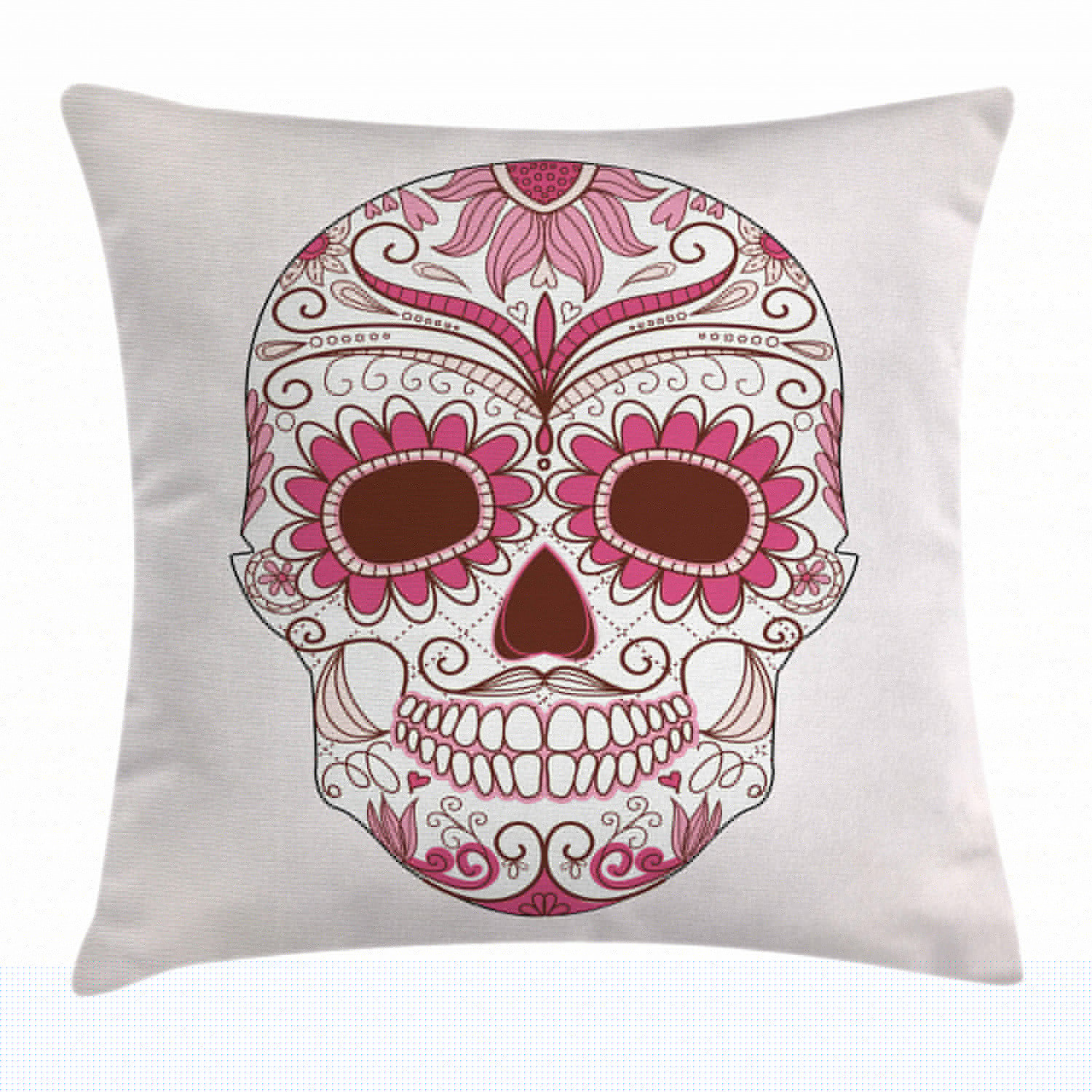 Sugar Skull Decor Throw Pillow Cushion Cover, Mexican Ornaments Calavera Catrina Inspired Folk Art Macabre, Decorative Square Accent Pillow Case, 16 X 16 Inches, Pink Light Pink White, by Ambesonne