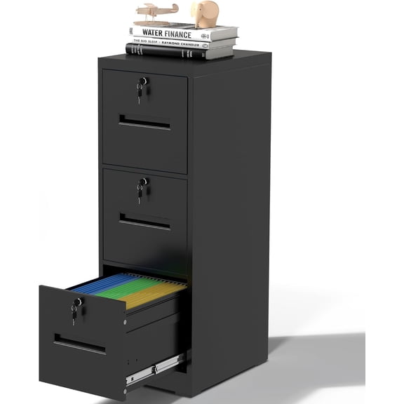 File Cabinet 3 Drawer with Lock, Vertical Filing Cabinets for Home Office, Metal Steel Storage Cabinet for Letter/Legal Size File, Assembly Required(Black)