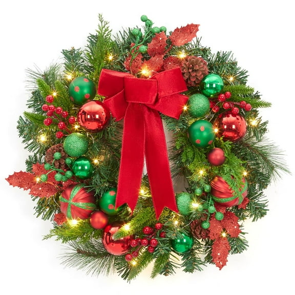 22-Inch Pre-Lit Christmas Wreath with LED Lights, Pinecones & Red Berries for Front Door, Porch & Fireplace